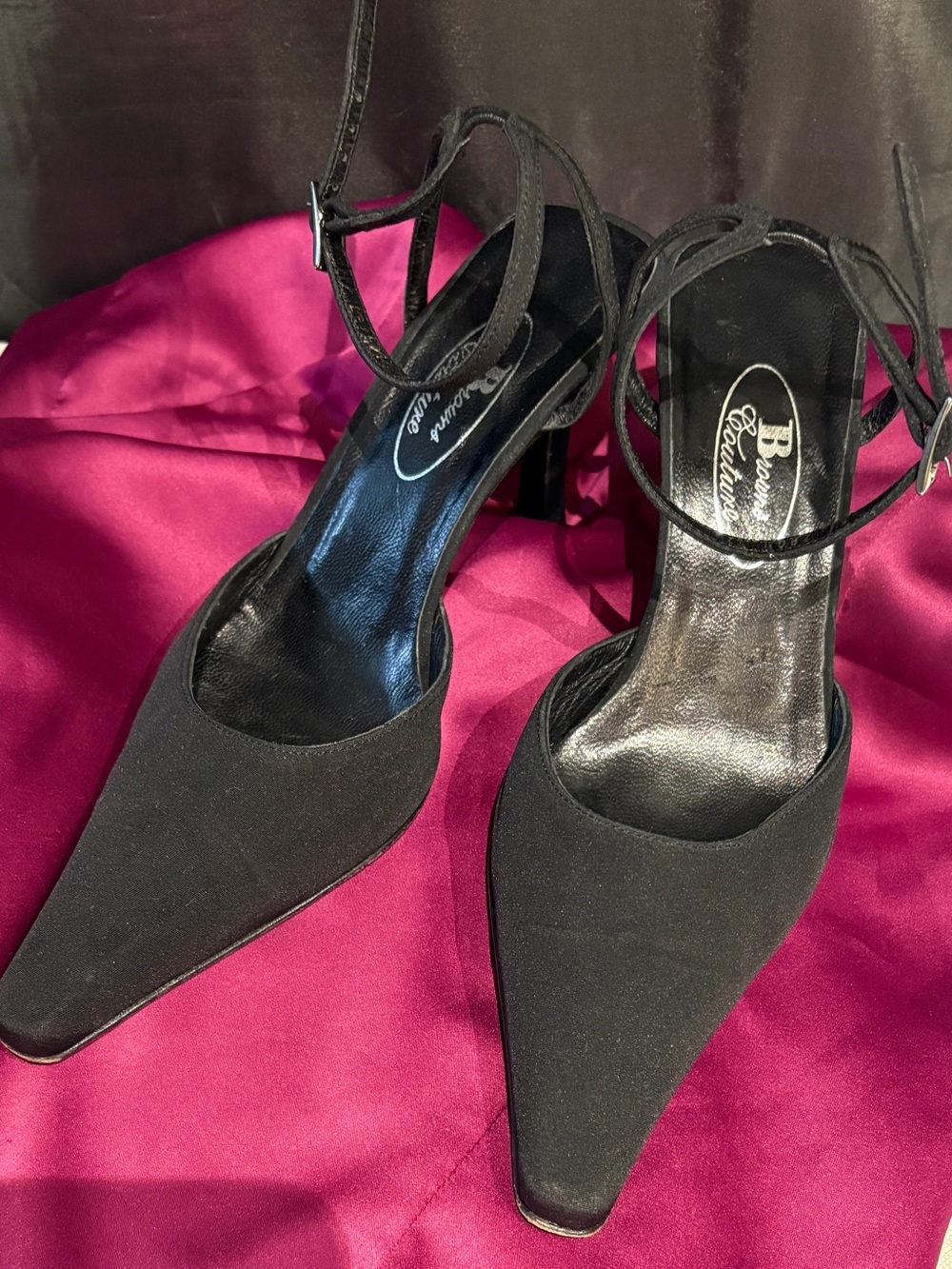 Vintage Black Satin Browns Couture Slingback Heels Featuring Classic Pointed Toe